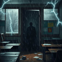 A dramatic scene depicting a mysterious shadow lurking behind a classroom door during a heavy rainstorm