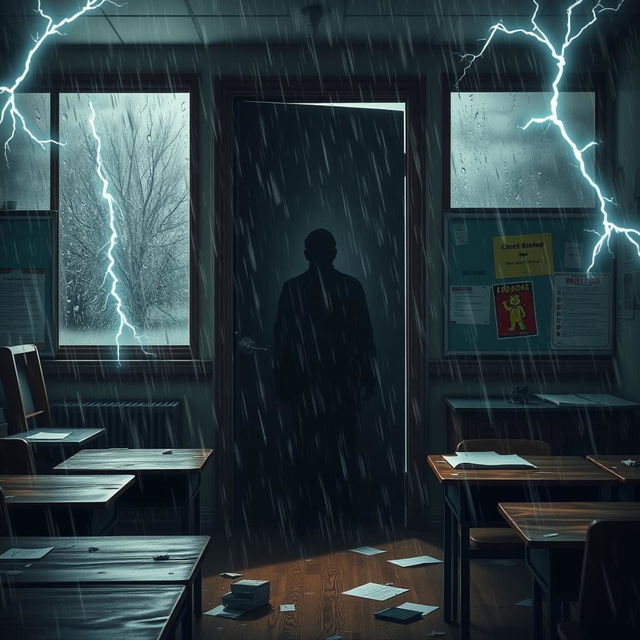 A dramatic scene depicting a mysterious shadow lurking behind a classroom door during a heavy rainstorm