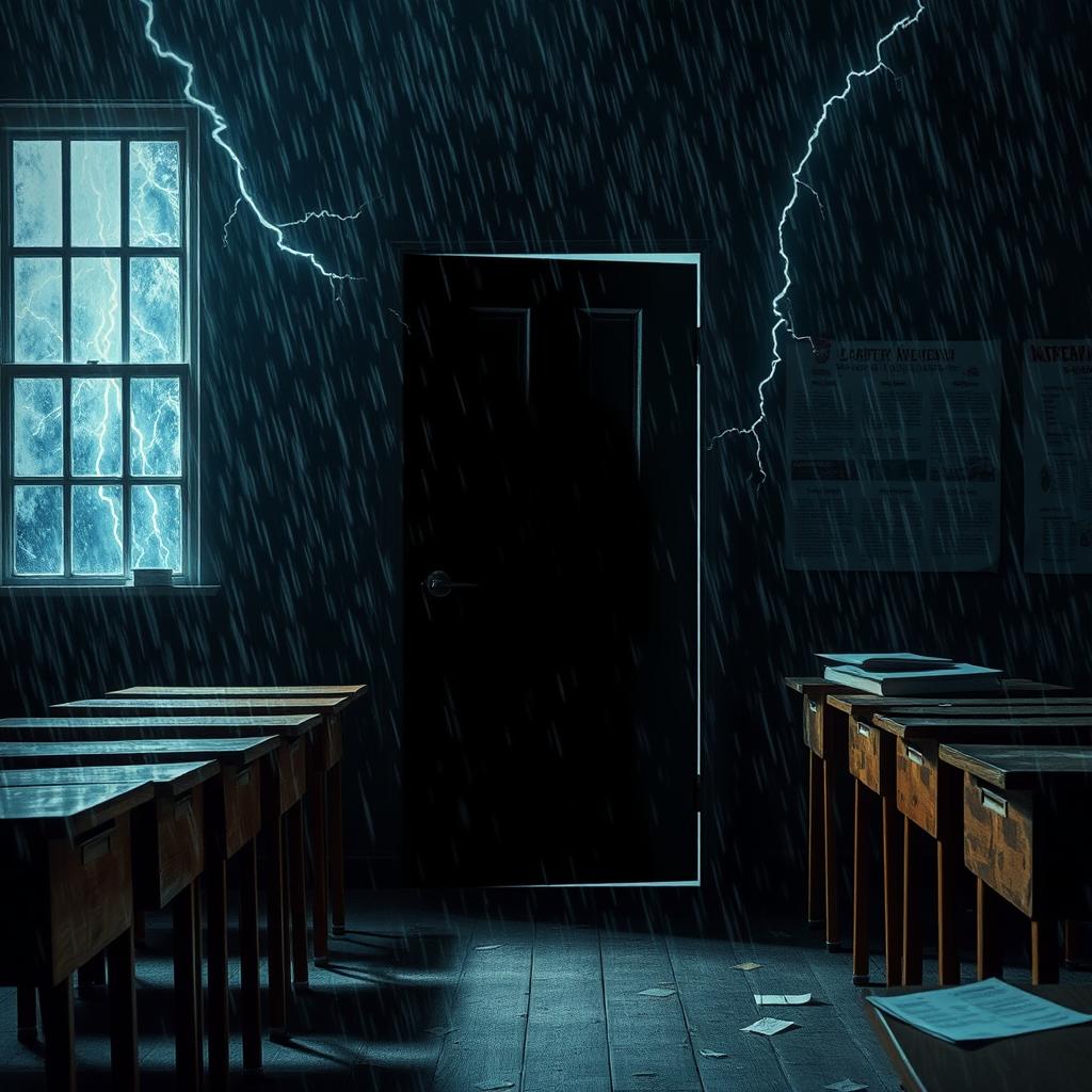 A dramatic scene depicting a mysterious shadow lurking behind a classroom door during a heavy rainstorm