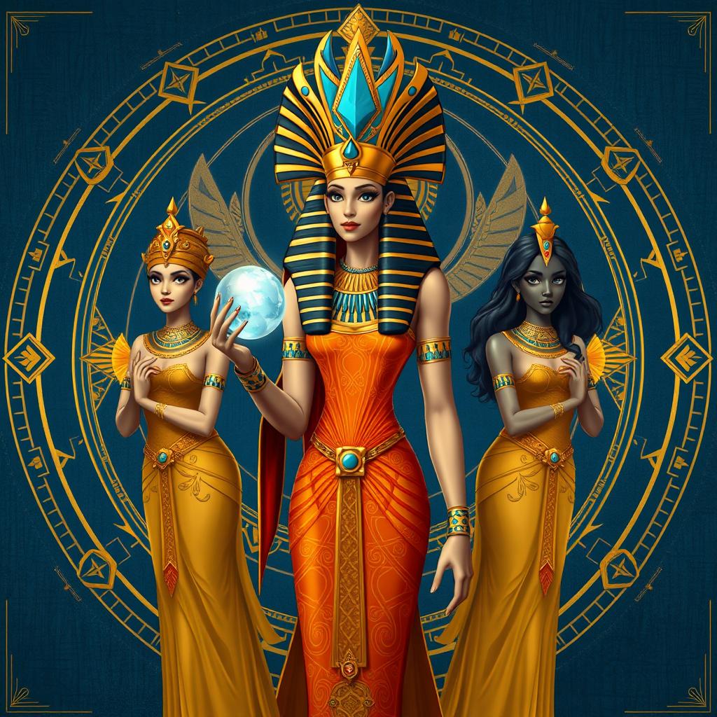 A digital illustration of an Egyptian goddess standing majestically in the center of the image, her body facing left