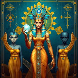 A digital illustration of an Egyptian goddess standing majestically in the center of the image, her body facing left