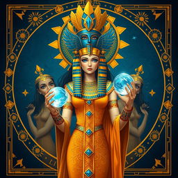 A digital illustration of an Egyptian goddess standing majestically in the center of the image, her body facing left