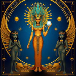 A digital illustration of an Egyptian goddess standing majestically in the center of the image, her body facing left