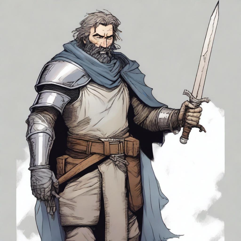 This is a high-quality comic illustration of a scruffy, homeless knight from a fantasy world reminiscent of DnD