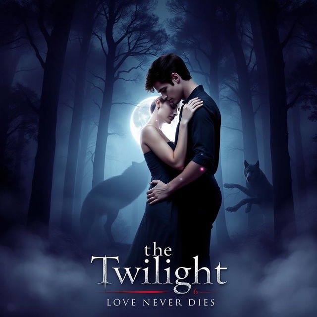 An enchanting teaser poster for 'The Twilight Saga 6 (2025)', featuring the iconic characters Edward Cullen and Bella Swan, depicted in a passionate embrace under the glow of a full moon