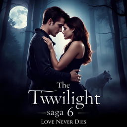 An enchanting teaser poster for 'The Twilight Saga 6 (2025)', featuring the iconic characters Edward Cullen and Bella Swan, depicted in a passionate embrace under the glow of a full moon