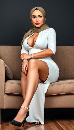 A stunning, stylish European teacher in her 40s with white skin, showcasing a voluptuous figure