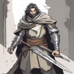 This is a high-quality comic illustration of a scruffy, homeless knight from a fantasy world reminiscent of DnD