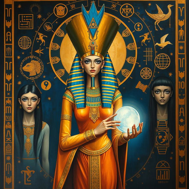 A captivating painting of an Egyptian goddess standing majestically in the center, her body oriented towards the left side of the frame