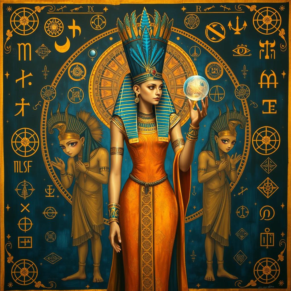 A captivating painting of an Egyptian goddess standing majestically in the center, her body oriented towards the left side of the frame