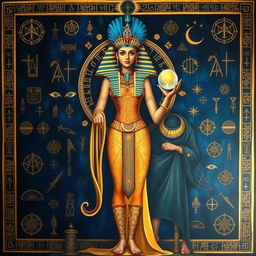A captivating painting of an Egyptian goddess standing majestically in the center, her body oriented towards the left side of the frame