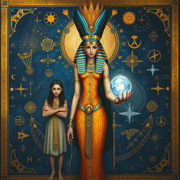 A captivating painting of an Egyptian goddess standing majestically in the center, her body oriented towards the left side of the frame