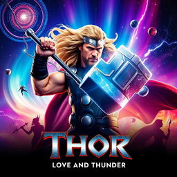 A dynamic teaser poster for 'Thor: Love and Thunder (2022)', featuring Thor wielding his iconic hammer, Mjolnir, amidst a vibrant and celestial backdrop