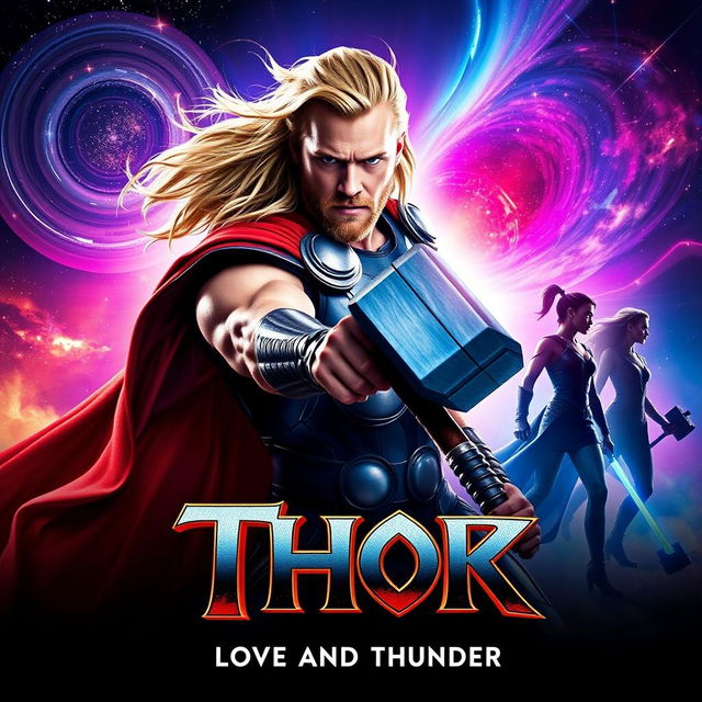 A dynamic teaser poster for 'Thor: Love and Thunder (2022)', featuring Thor wielding his iconic hammer, Mjolnir, amidst a vibrant and celestial backdrop