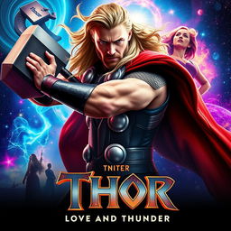 A dynamic teaser poster for 'Thor: Love and Thunder (2022)', featuring Thor wielding his iconic hammer, Mjolnir, amidst a vibrant and celestial backdrop
