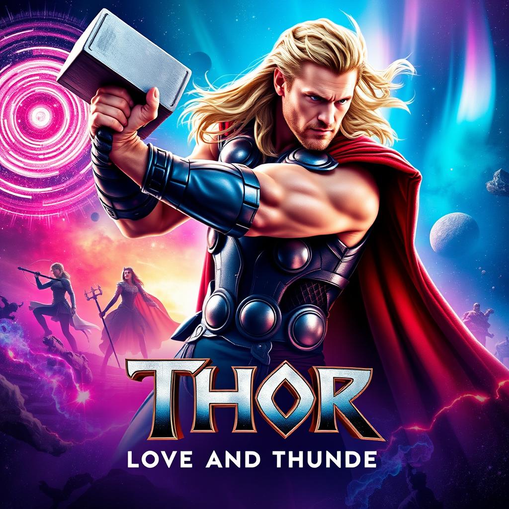 A dynamic teaser poster for 'Thor: Love and Thunder (2022)', featuring Thor wielding his iconic hammer, Mjolnir, amidst a vibrant and celestial backdrop