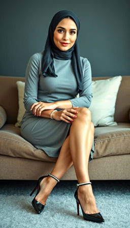 An elegant European teacher in her 40s with white skin and a fit body, accentuated by large hips