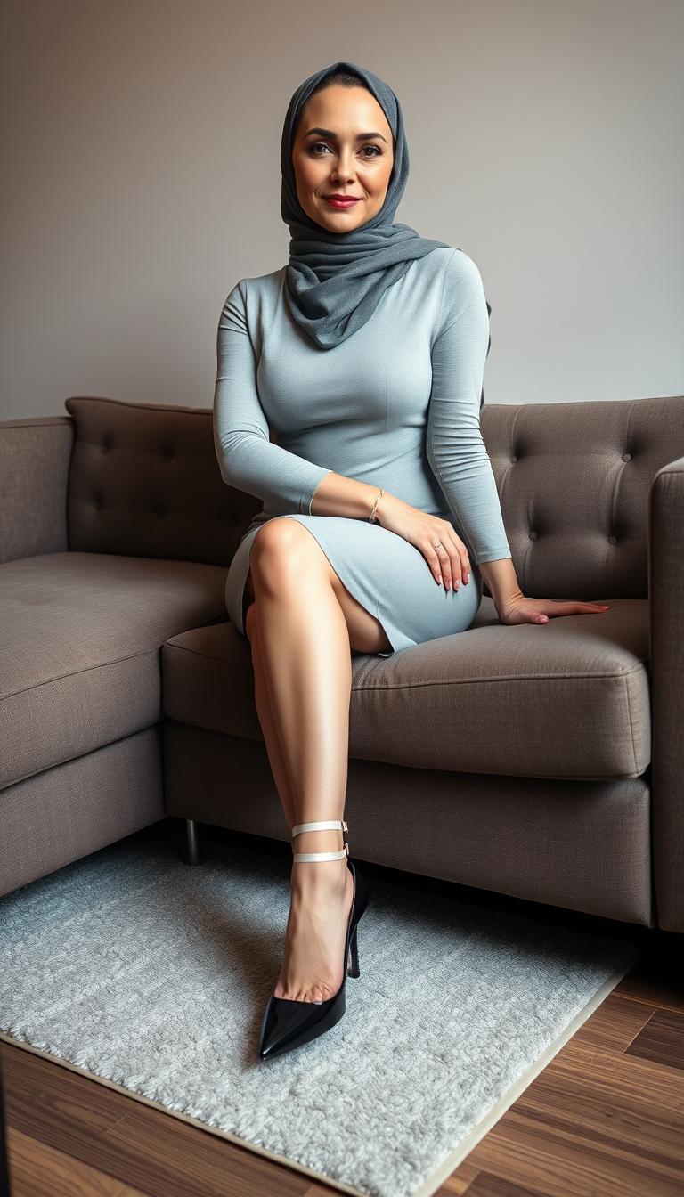 An elegant European teacher in her 40s with white skin and a fit body, accentuated by large hips