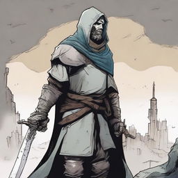 This is a high-quality comic illustration of a scruffy, homeless knight from a fantasy world akin to DnD