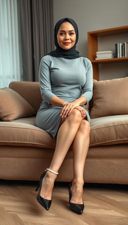 An elegant European teacher in her 40s with white skin and a fit body, accentuated by large hips