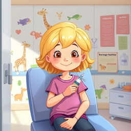 Une illustration d'une fillette de 7 ans aux cheveux blonds, s'administrant une injection d'insuline dans un cabinet à l'hôpital