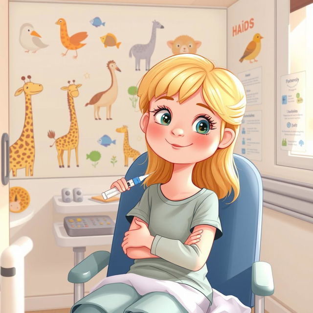 Une illustration d'une fillette de 7 ans aux cheveux blonds, s'administrant une injection d'insuline dans un cabinet à l'hôpital