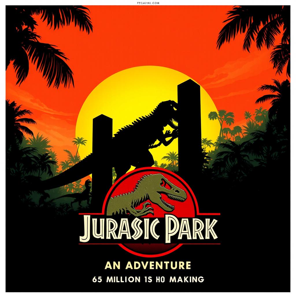 A thrilling teaser poster for 'Jurassic Park (1993)', showcasing a dramatic silhouette of a T-Rex roaring against a vibrant sunset background filled with lush, prehistoric jungle foliage