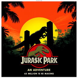 A thrilling teaser poster for 'Jurassic Park (1993)', showcasing a dramatic silhouette of a T-Rex roaring against a vibrant sunset background filled with lush, prehistoric jungle foliage