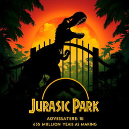 A thrilling teaser poster for 'Jurassic Park (1993)', showcasing a dramatic silhouette of a T-Rex roaring against a vibrant sunset background filled with lush, prehistoric jungle foliage