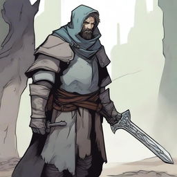 This is a high-quality comic illustration of a scruffy, homeless knight from a fantasy world akin to DnD