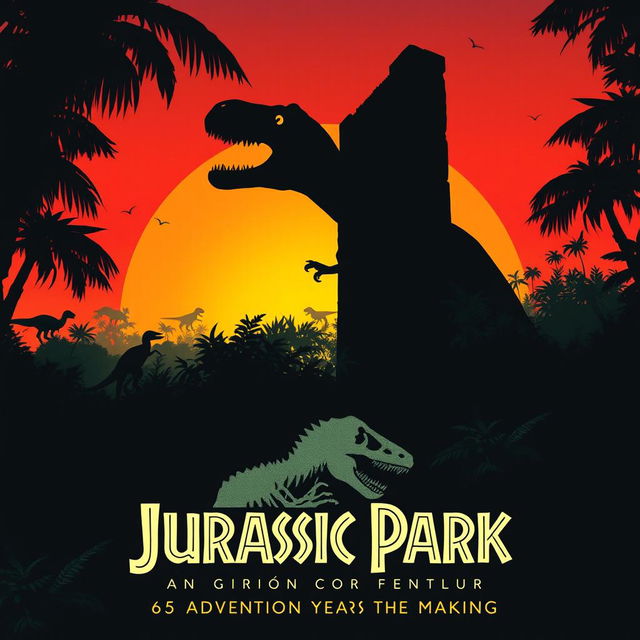 A thrilling teaser poster for 'Jurassic Park (1993)', showcasing a dramatic silhouette of a T-Rex roaring against a vibrant sunset background filled with lush, prehistoric jungle foliage