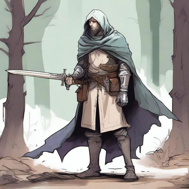 This is a high-quality comic illustration of a scruffy, homeless knight from a fantasy world akin to DnD