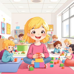 Une illustration d'une fillette de 7 ans aux cheveux blonds, entourée d'enfants malades en train de jouer joyeusement dans une salle de jeu à l'hôpital