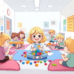 Une illustration d'une fillette de 7 ans aux cheveux blonds, entourée d'enfants malades en train de jouer joyeusement dans une salle de jeu à l'hôpital