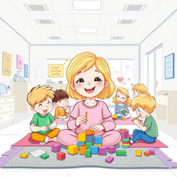Une illustration d'une fillette de 7 ans aux cheveux blonds, entourée d'enfants malades en train de jouer joyeusement dans une salle de jeu à l'hôpital