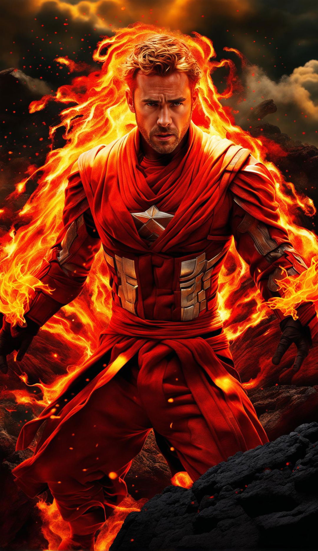 A high-quality digital artwork featuring Chris Evans in red monk robes, shooting fire from his hands, standing in front of an active volcano, its fiery glow casting an eerie light over the scene