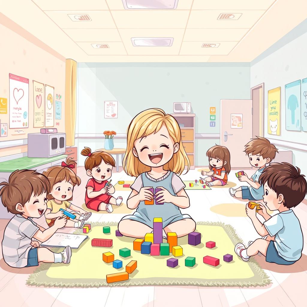 Une illustration d'une fillette de 7 ans aux cheveux blonds, entourée d'enfants malades en train de jouer joyeusement dans une salle de jeu à l'hôpital