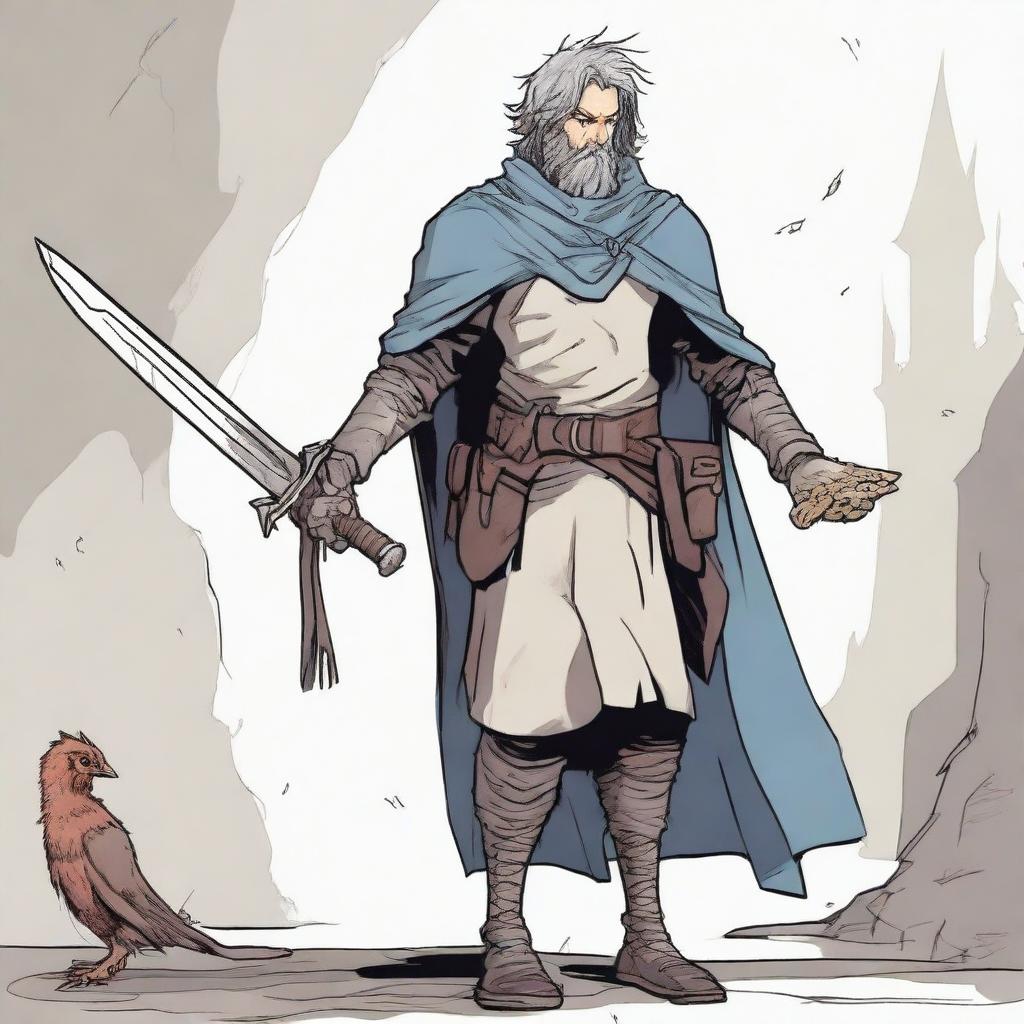 This is a high-quality comic illustration of a scruffy, homeless knight from a fantasy world akin to DnD