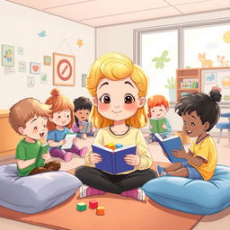 Une illustration d'une fillette de 7 ans diabétique aux cheveux blonds, entourée d'enfants malades qui jouent ensemble dans une salle de jeux à l'hôpital