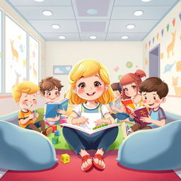 Une illustration d'une fillette de 7 ans diabétique aux cheveux blonds, entourée d'enfants malades qui jouent ensemble dans une salle de jeux à l'hôpital