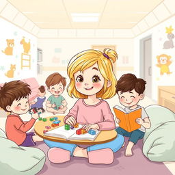 Une illustration d'une fillette de 7 ans diabétique aux cheveux blonds, entourée d'enfants malades qui jouent ensemble dans une salle de jeux à l'hôpital