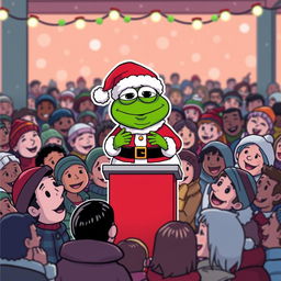 A vibrant vector-style illustration featuring the iconic Pepe the Frog meme character dressed as Santa Claus, standing on a small podium or platform making a festive announcement to a crowded gathering of cheerful people