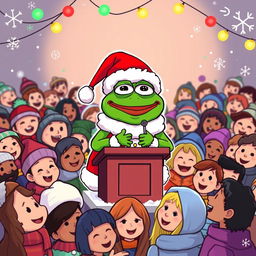 A vibrant vector-style illustration featuring the iconic Pepe the Frog meme character dressed as Santa Claus, standing on a small podium or platform making a festive announcement to a crowded gathering of cheerful people