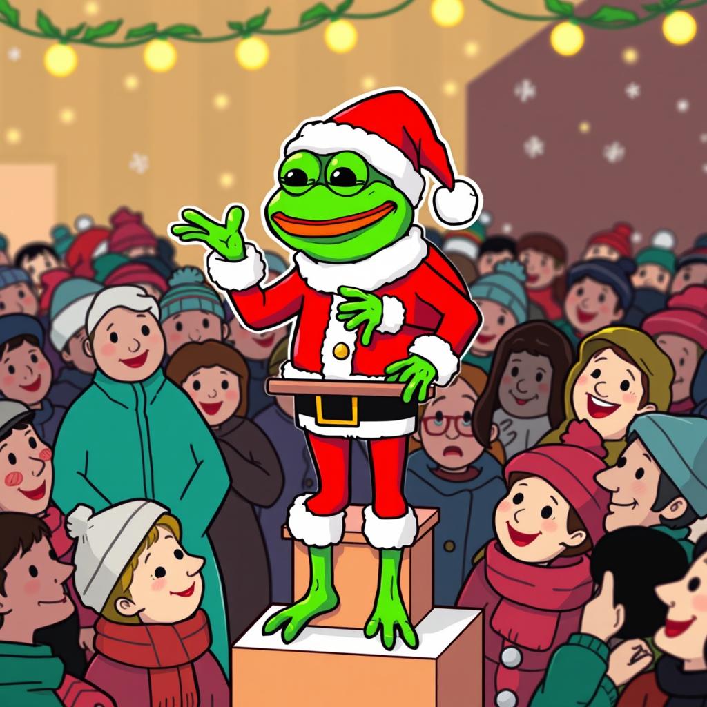 A vibrant vector-style illustration featuring the iconic Pepe the Frog meme character dressed as Santa Claus, standing on a small podium or platform making a festive announcement to a crowded gathering of cheerful people