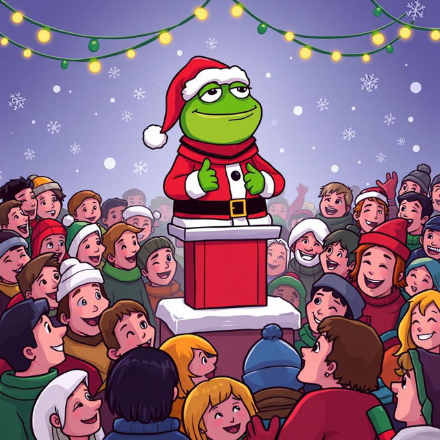 A vibrant vector-style illustration featuring the iconic Pepe the Frog meme character dressed as Santa Claus, standing on a small podium or platform making a festive announcement to a crowded gathering of cheerful people