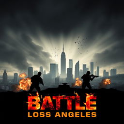 An intense teaser poster for 'Battle Los Angeles (2011)', showcasing a dramatic scene of a devastated Los Angeles skyline under siege