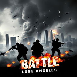An intense teaser poster for 'Battle Los Angeles (2011)', showcasing a dramatic scene of a devastated Los Angeles skyline under siege