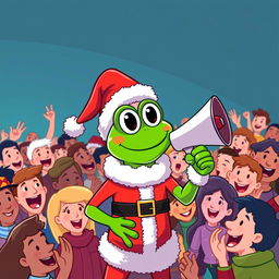 A cheerful Pepe the Frog character dressed as Santa Claus, holding a megaphone and making an announcement to a crowd of enthusiastic people