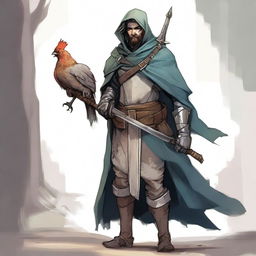 This is a high-quality illustration of a scruffy, homeless knight from a fantasy world reminiscent of DnD