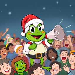 A cheerful Pepe the Frog character dressed as Santa Claus, holding a megaphone and making an announcement to a crowd of enthusiastic people